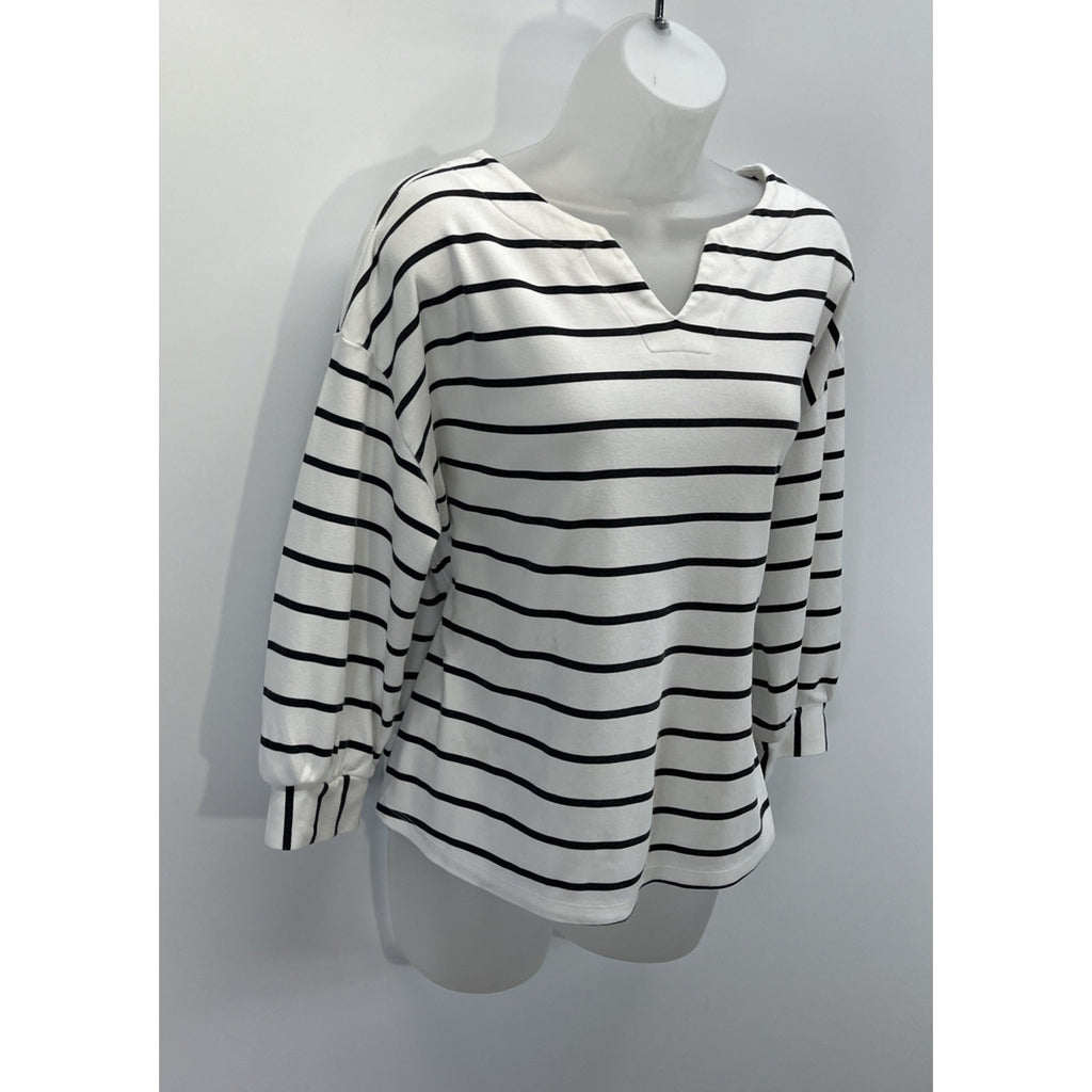 Croft & Barrow Womens White Black Striped Split Neck Cropped Blouse Top Size L