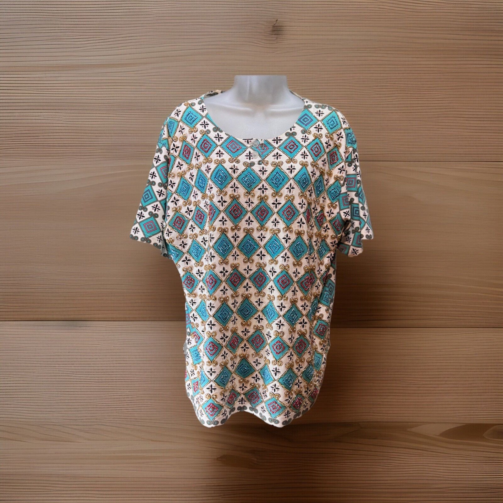 Lisa Ashley Woman's Blouse Top Blue Beaded Short Sleeve Round Neck