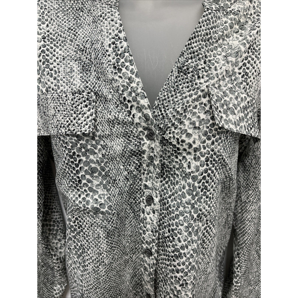 CALVIN KLEIN, WOMENS LS BUTTON DOWN, ANIMAL SKIN PRINT TOP Medium BLACK WHITE