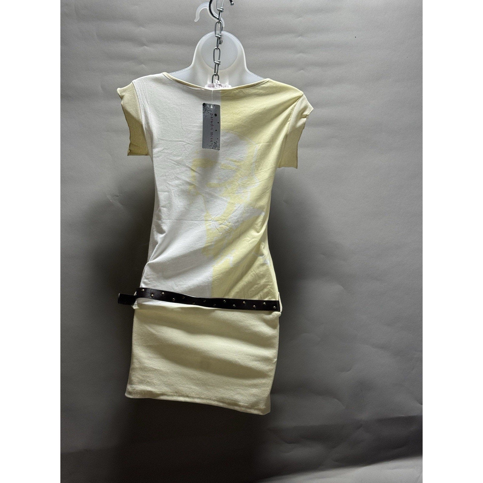 NWT Paradis Miss Womens Small Yellow White Studded Belted Mini Dress Cotton