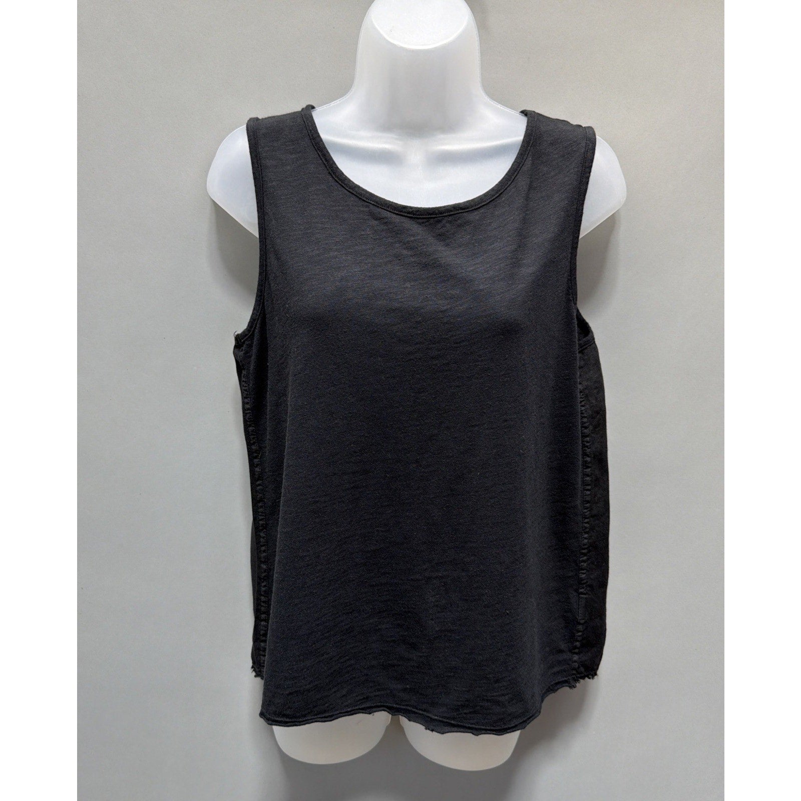 XCVI Black 100% Linen Blouse Tank Top Woman’s Size Raw Hem Back Button Detail