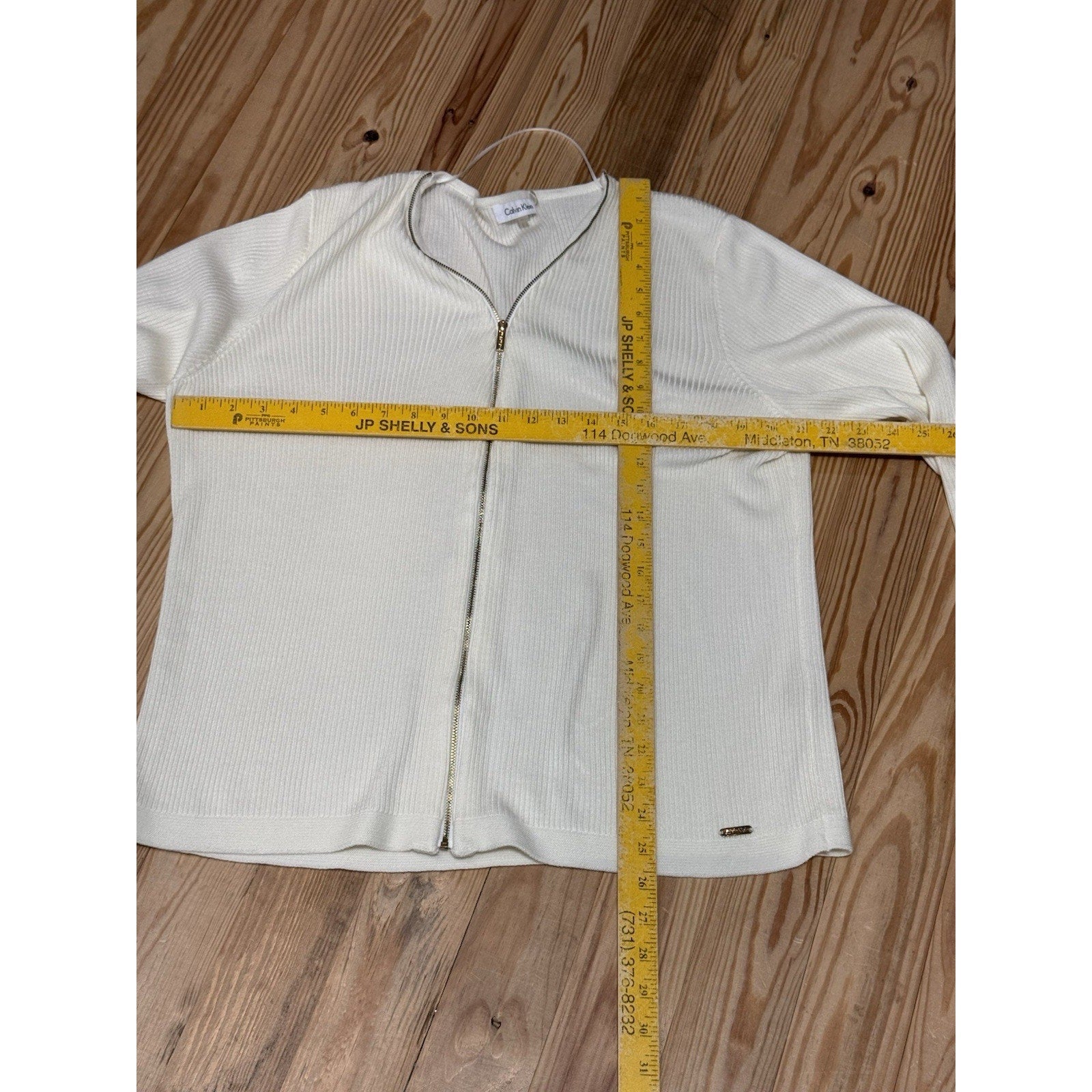 Calvin Klein Sweater Ivory Ribbed Knit V-Neck Full Zip Women’s Size XL