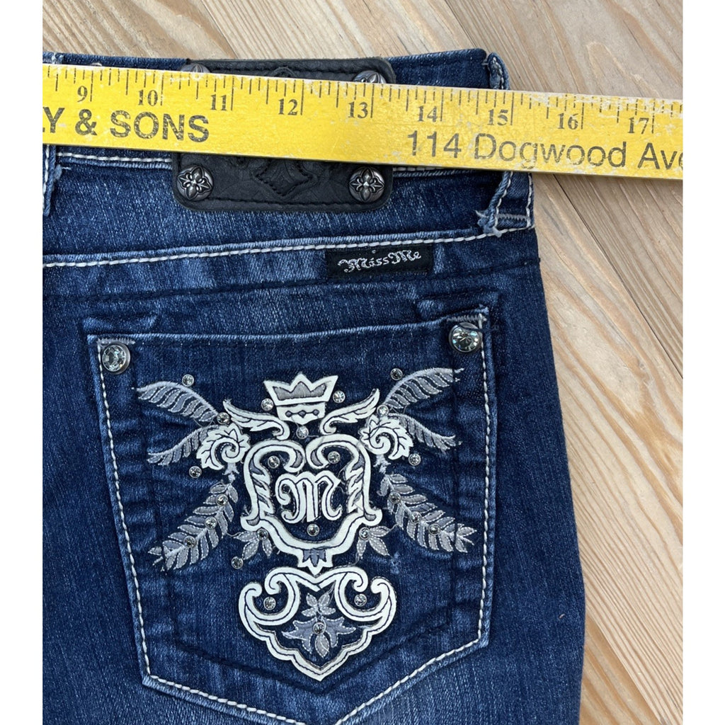 Miss Me Low Rise Boot Jeans Women 28 Blue Dark Wash Embellished Denim Bootcut