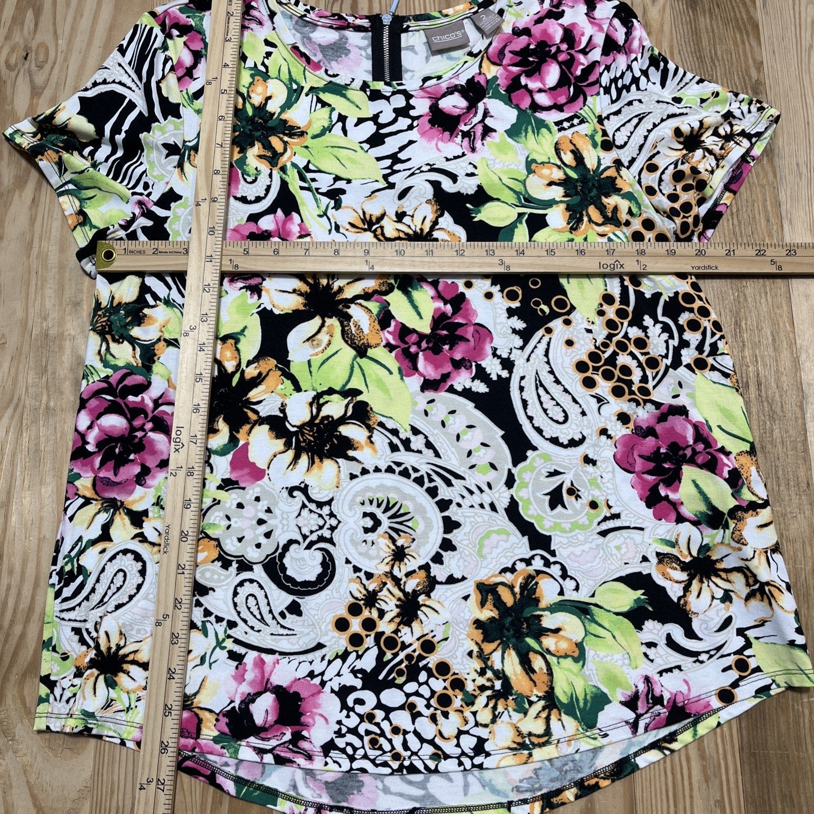 Chicos Top Women 2 US L Multi Floral Blouse Colorful Stretchy Bloomcore Mature