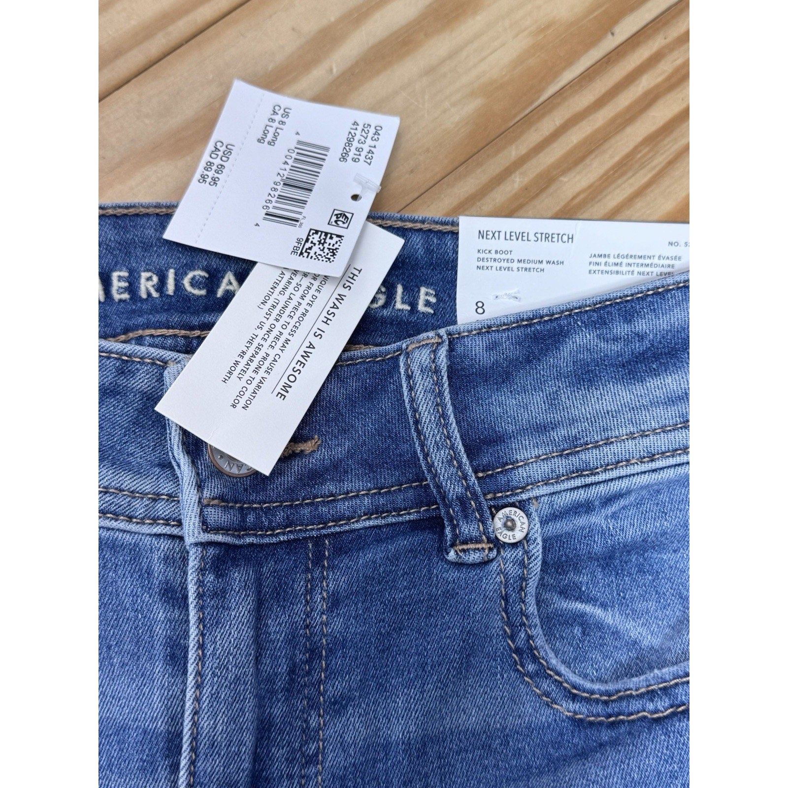 American Eagle Blue Jeans Next Level Stretch Midrise Kick Boot Women’s 8L NWT