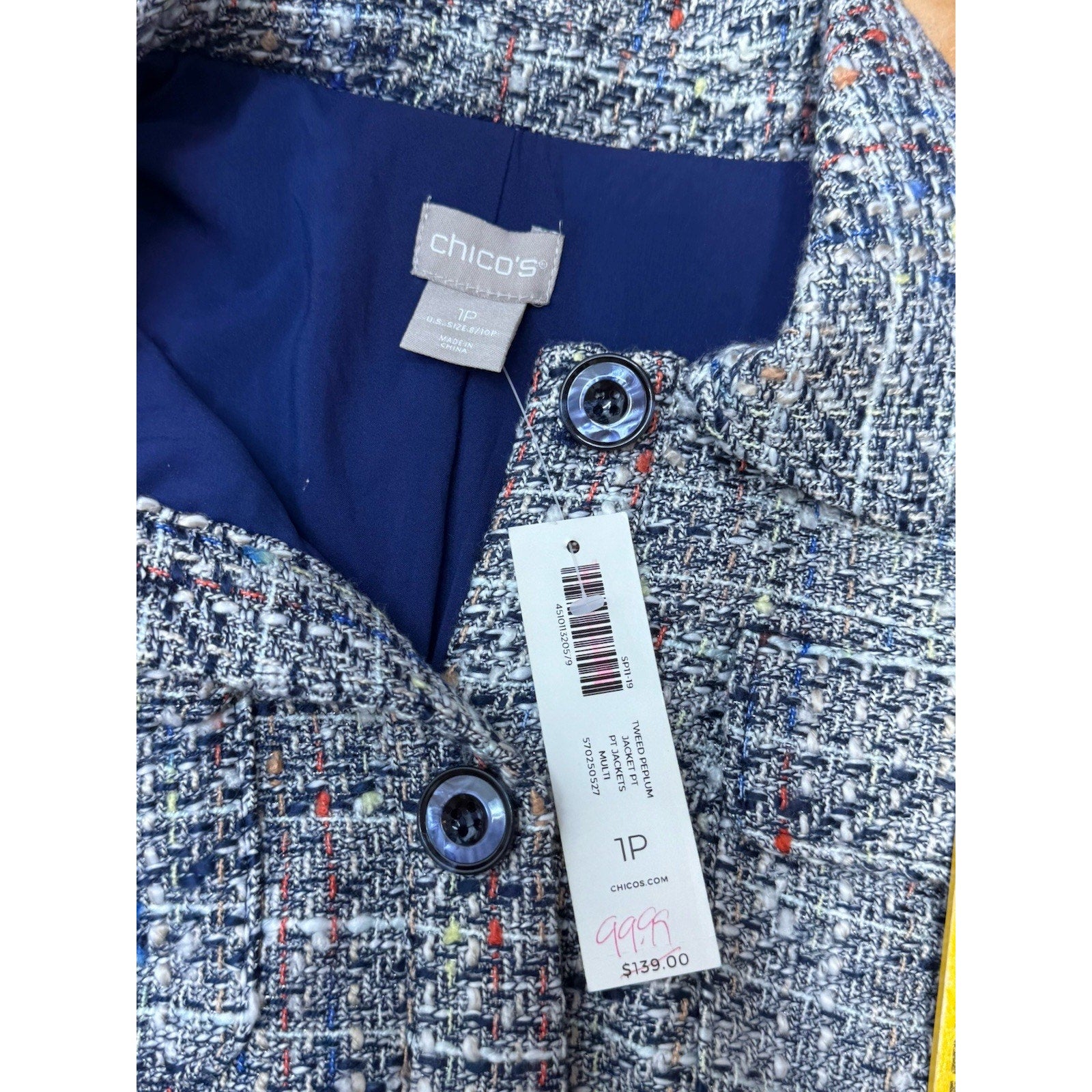 Chico's Jacket Blazer Gray Multi Woven Career Stretch Button Women’s Petite 1/M