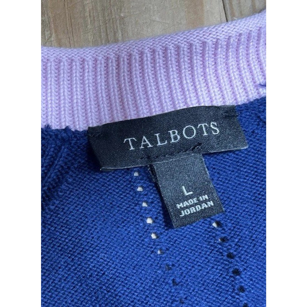 TALBOTS INDIGO NAVY BLUE/PINK TIPPED GIRLFRIEND CARDIGAN SWEATER Large