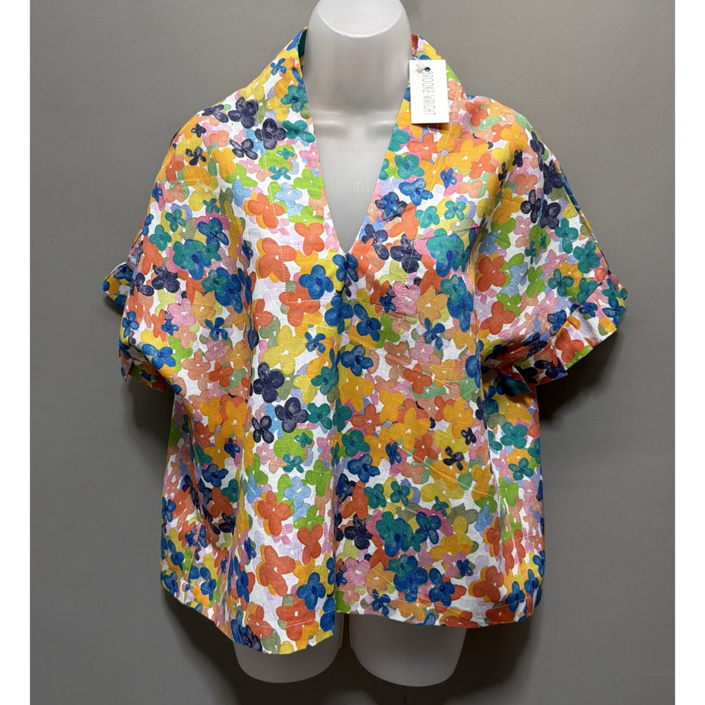 NWT Brooke Wright Ditzy Floral Kimono Top OS Linen Cotton Boho Resort Blouse USA