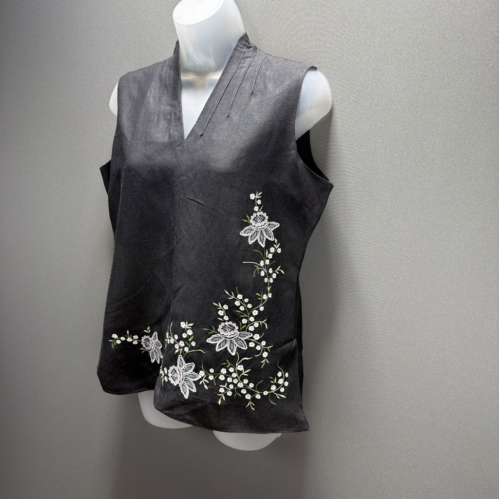 JENNIFER EDEN Women's Ramie Rayon Tank Top Embroidered Lined Floral Black Sz 10