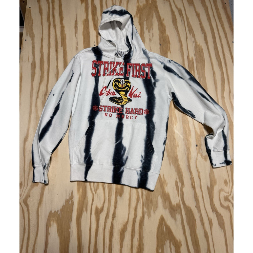 Cobra Kai Strike First Strike Hard No Mercy Hoodie Tie Dye White Black Small