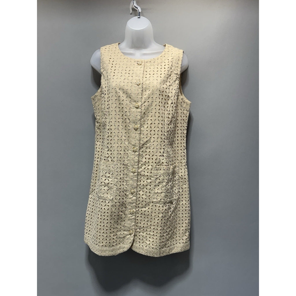 LOFT Womens Size 8 Beige Eyelet Sleeveless Tunic Dress Button Front Pockets