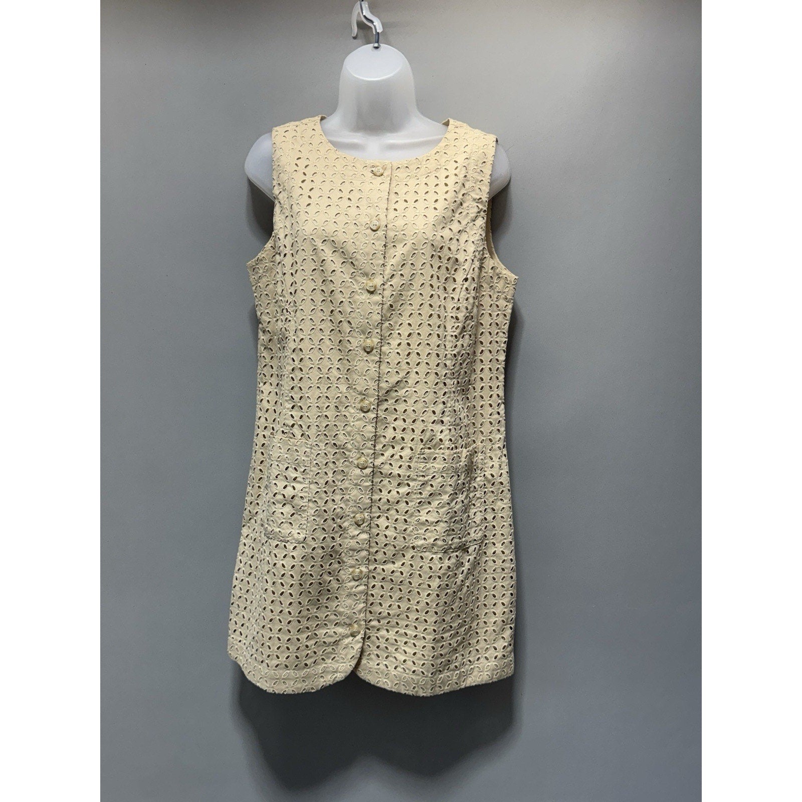LOFT Womens Size 8 Beige Eyelet Sleeveless Tunic Dress Button Front Pockets