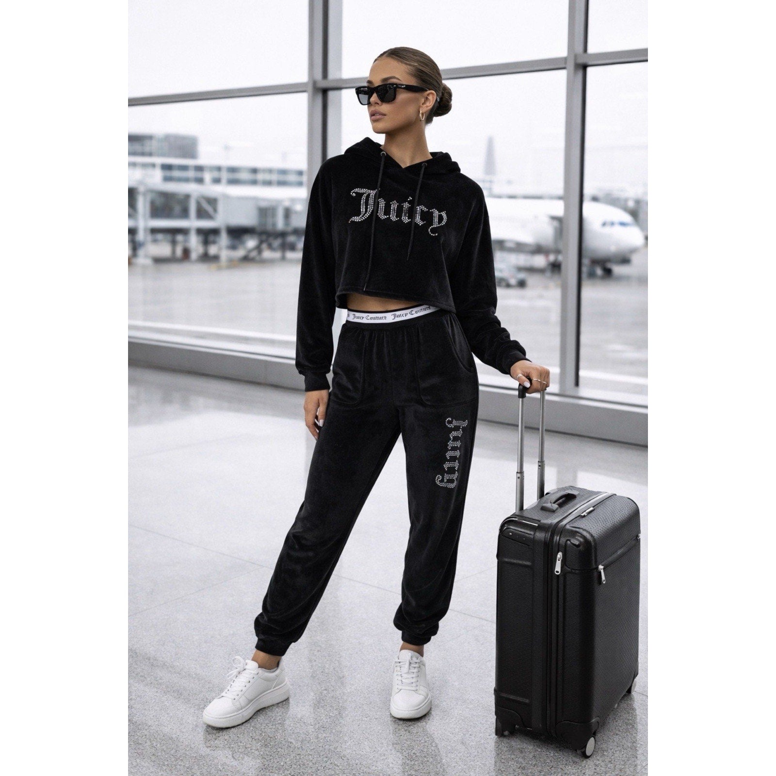 Velour Tracksuit Set Womens M Cropped Hoodie Joggers Rhinestone Logo Y2K Black