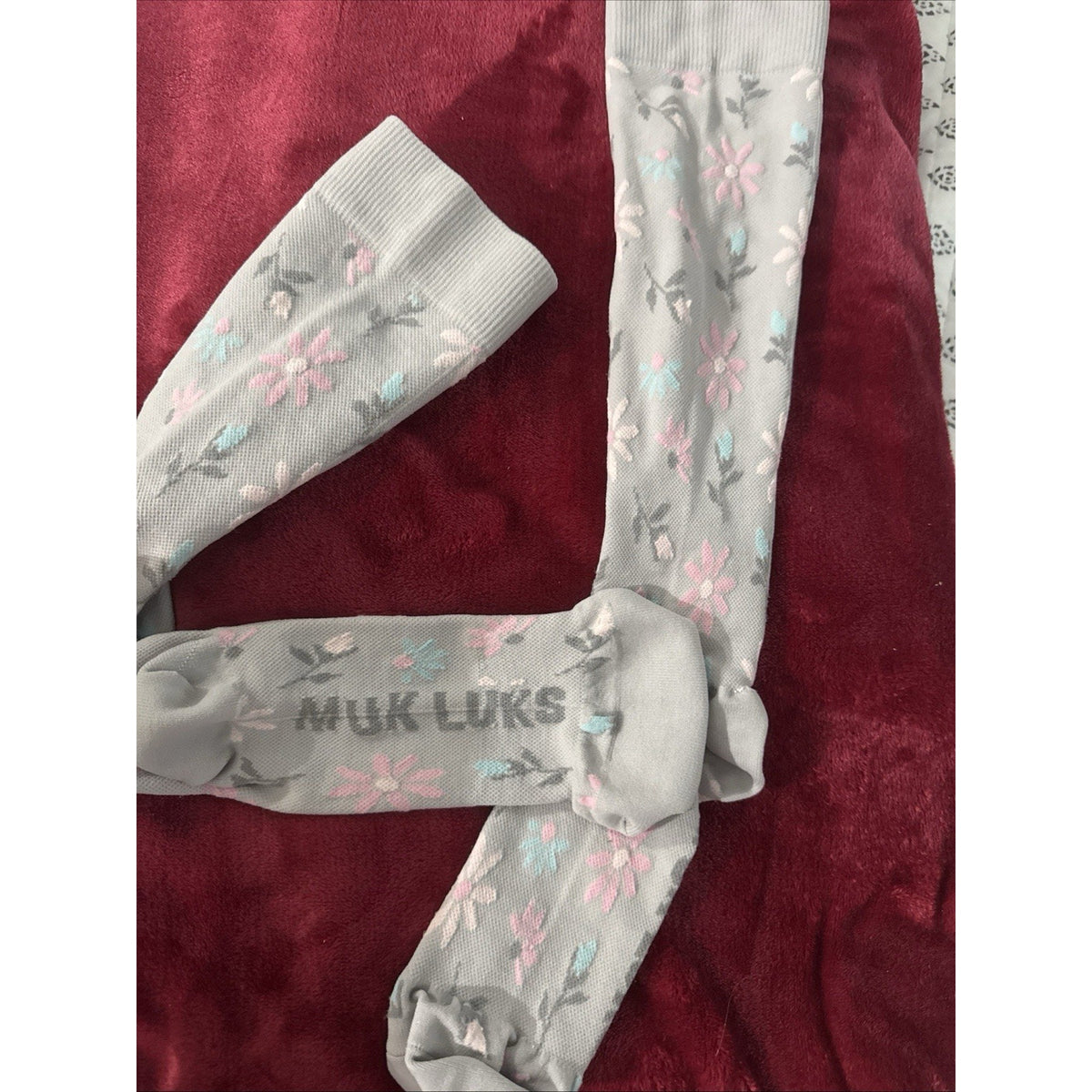 MUK LUKS Women’s Gray Floral Knee High Compression Socks Pink Blue Flowers