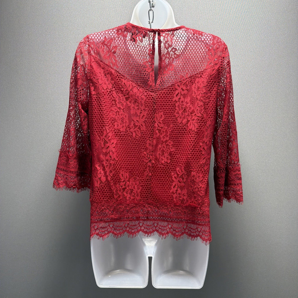 Laundry by Shelli Segal Lace Blouse Small Red 3/4 Bell Sleeve Eyelash Hem Top