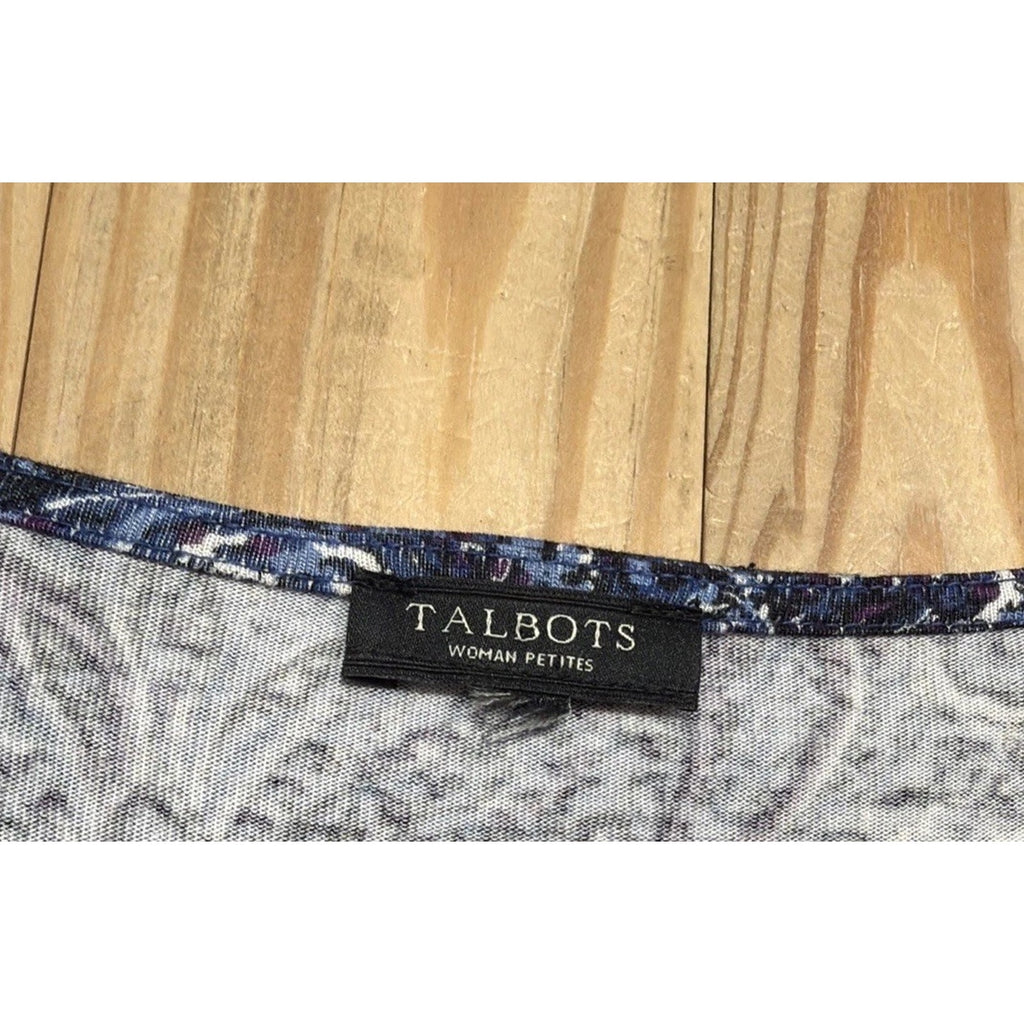 Womens Top-TALBOTS-blue/white/purple paisley rayon knit pleated neck 3/4 PXL