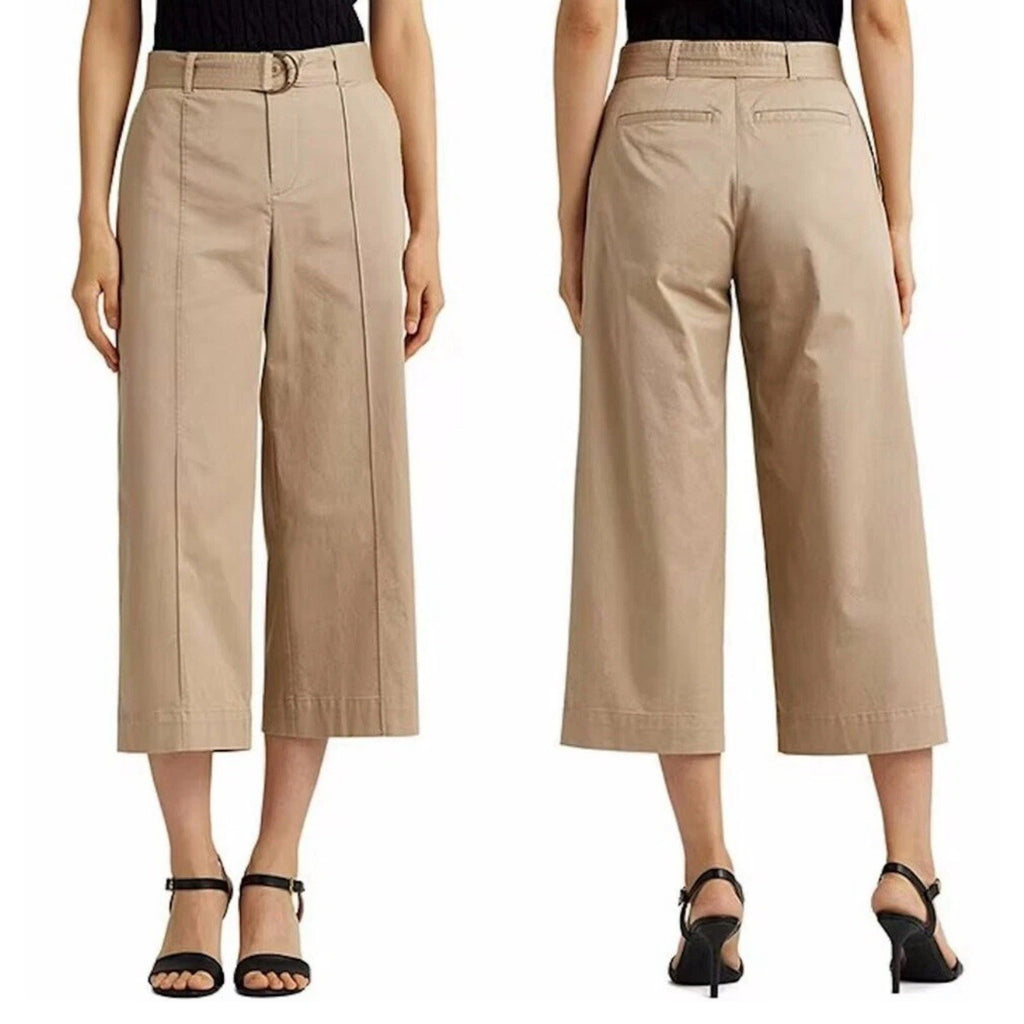 Ralph Lauren Beige Brienda Wide Leg Belted Capri Pants Size 10