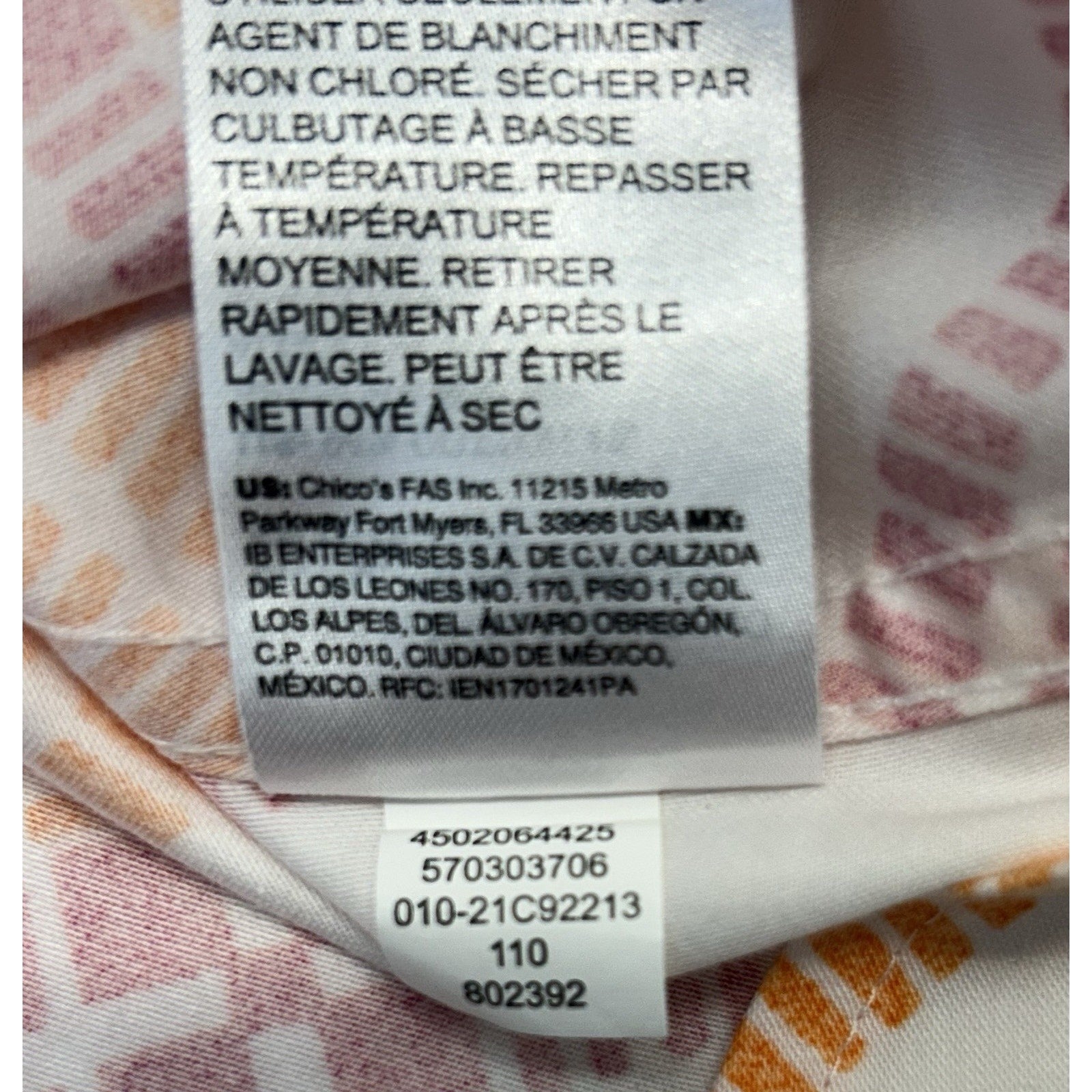 Chico's Summer White Wrinkle-free Cotton Blouse Pink Orange Sz00 US 0/2