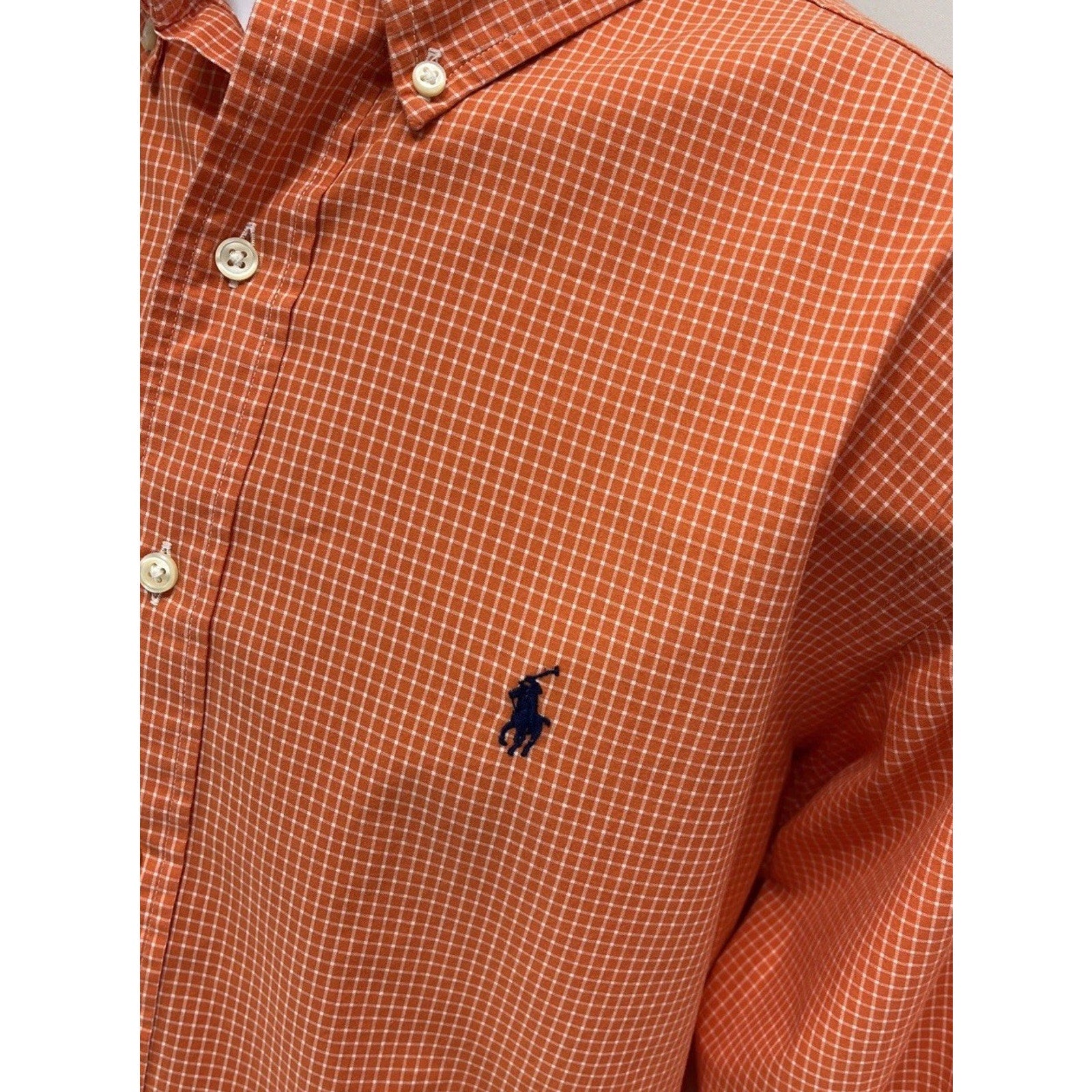 Ralph Lauren Classic Fit Orange Gingham Plaid L/S Button Shirt 100% Cotton Sz L