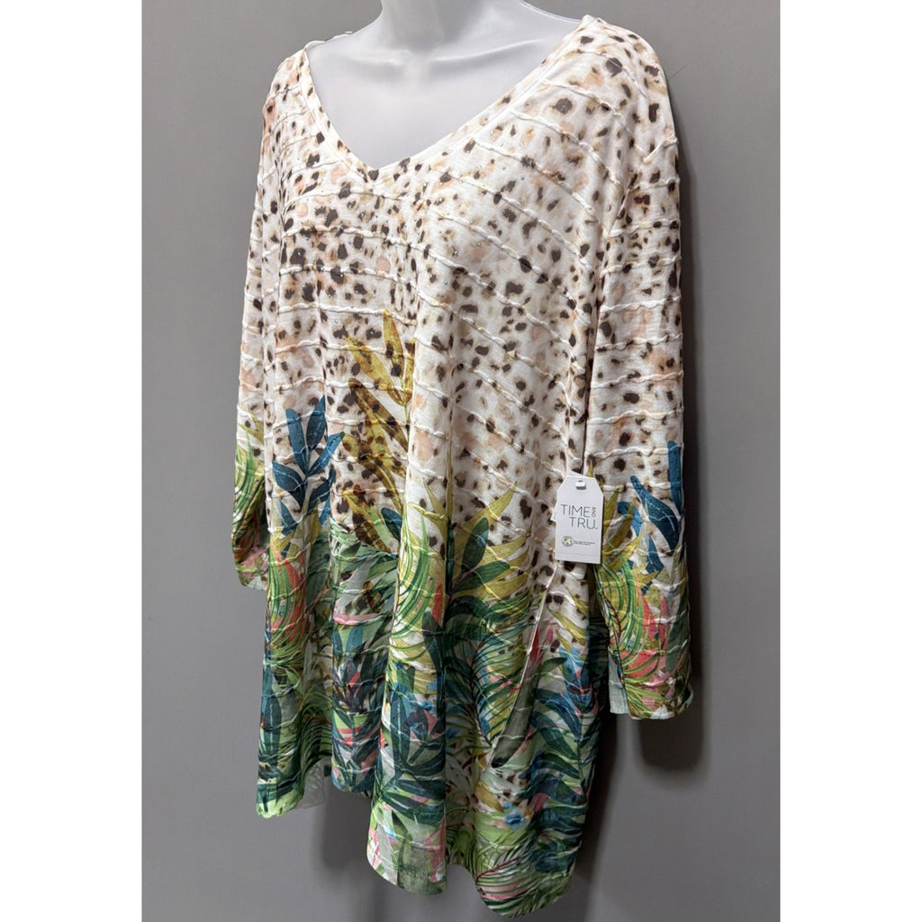 NWT Time and Tru Women's Floral Animal Print Rhinestones Tunic Top Plus XXL 22