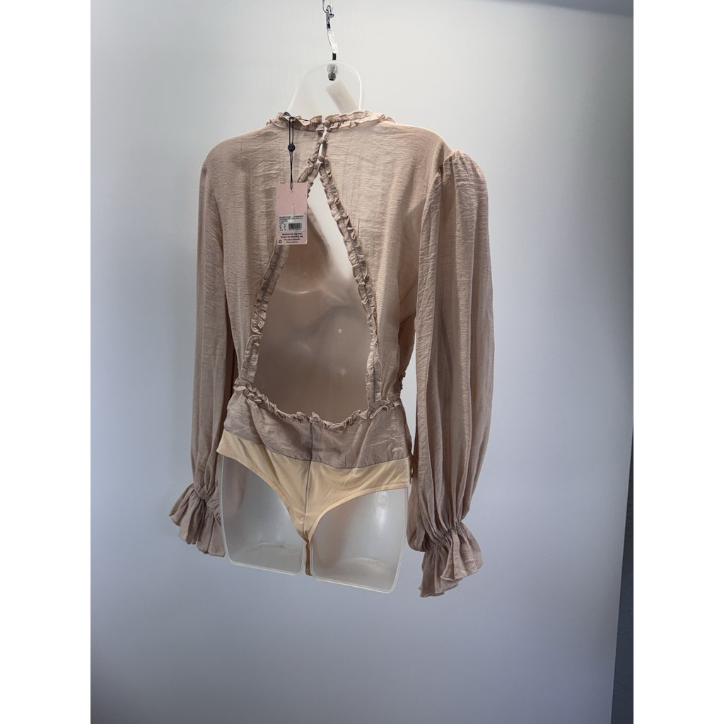 Missguided Boutique Bodysuit Taupe Long Peasant Sleeve Women’s Size 6 NWT
