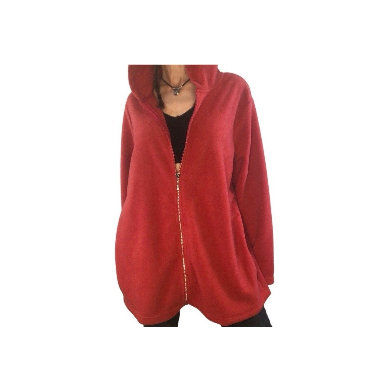 Quacker Factory Hooded Fleece Jacket Red Sz 1X Rhinestone Zip Women H830