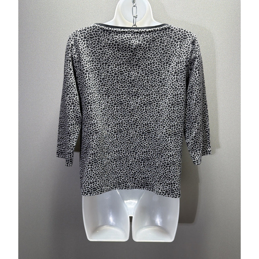 Talbots Womens Sweater Large Petite Black White Giraffe Print 3/4 Sleeves Soft