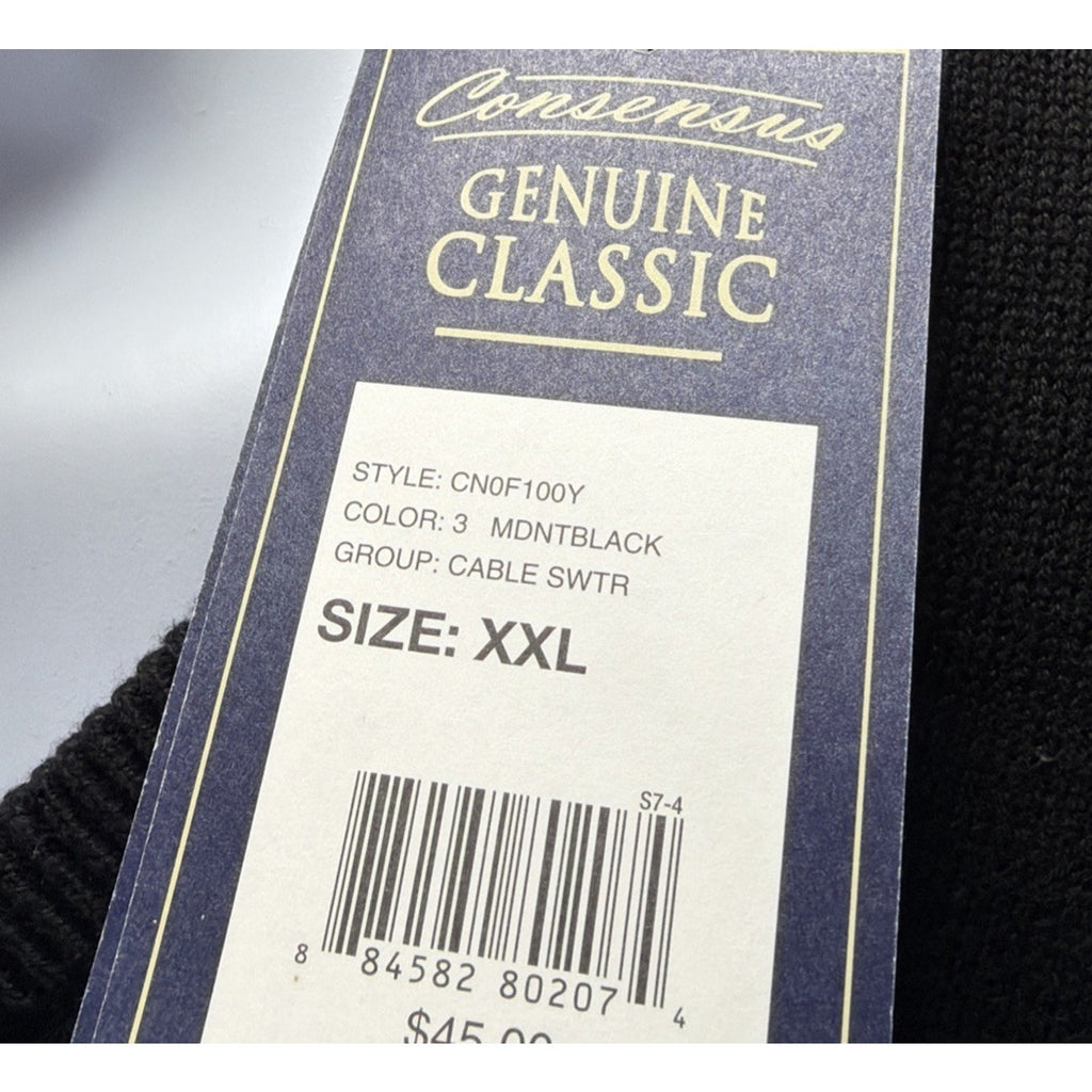 Consensus Black Cotton V Neck Cableknit Pullover Sweater XXL NWT