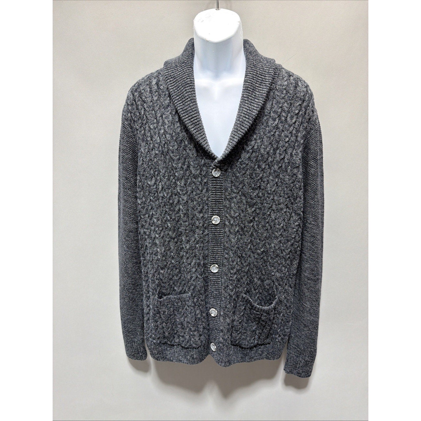 NWT Club Room Chunky Cable Knit Shawl Collar Cardigan Grandpa Fisherman L Gray