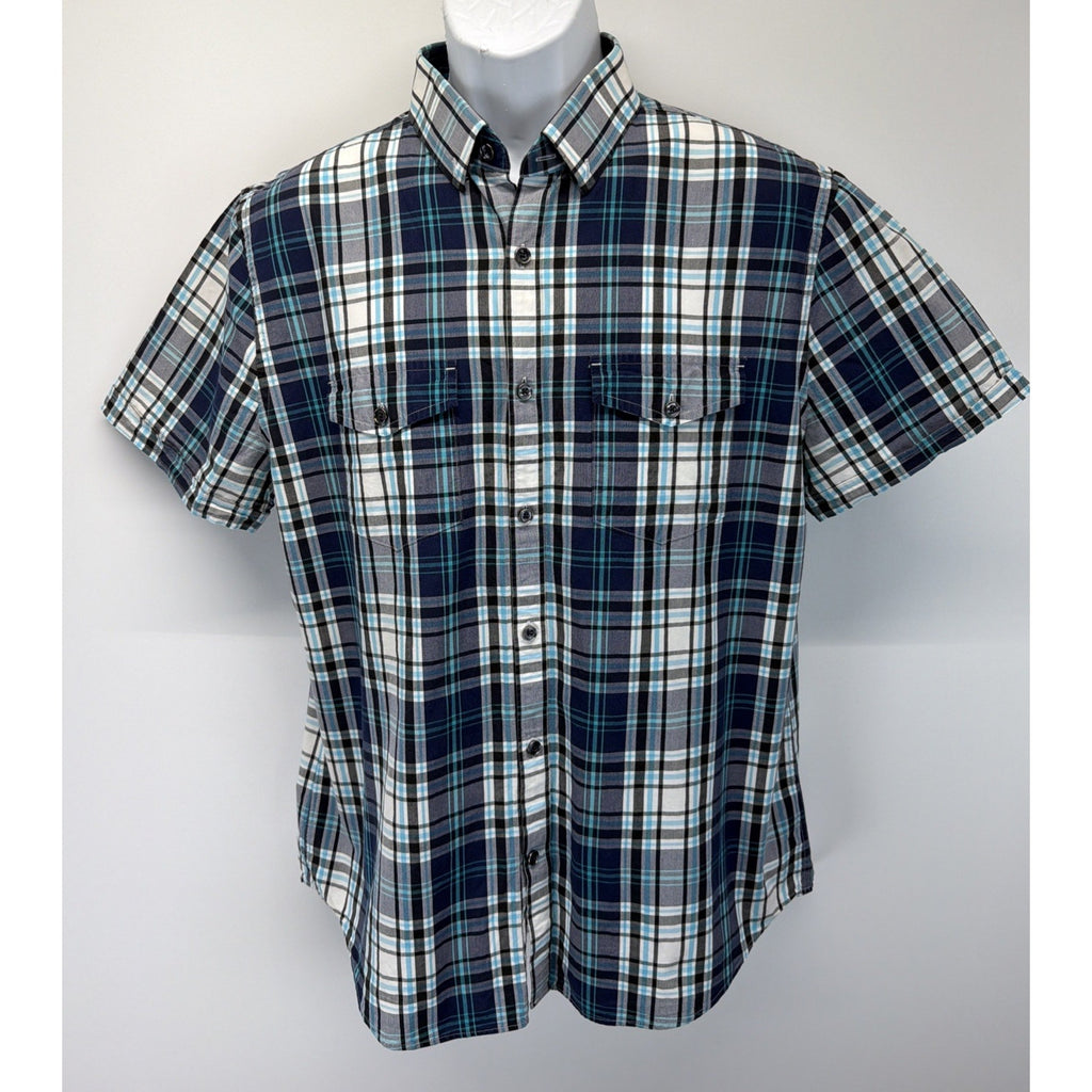 Express Mens Button Up Shirt L Fitted Western Vibe Short Sleeve Blue Plaid