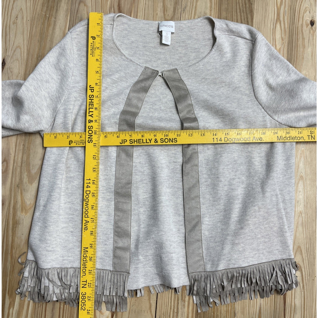 Chicos 3 Beige Open 3/4 Sleeve Open Knit Cardigan Fringe Suede Detail