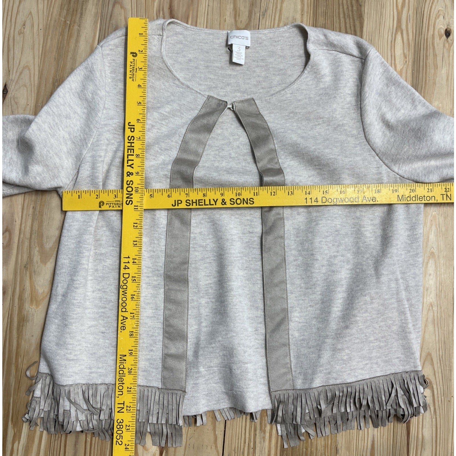 Chicos 3 Beige Open 3/4 Sleeve Open Knit Cardigan Fringe Suede Detail