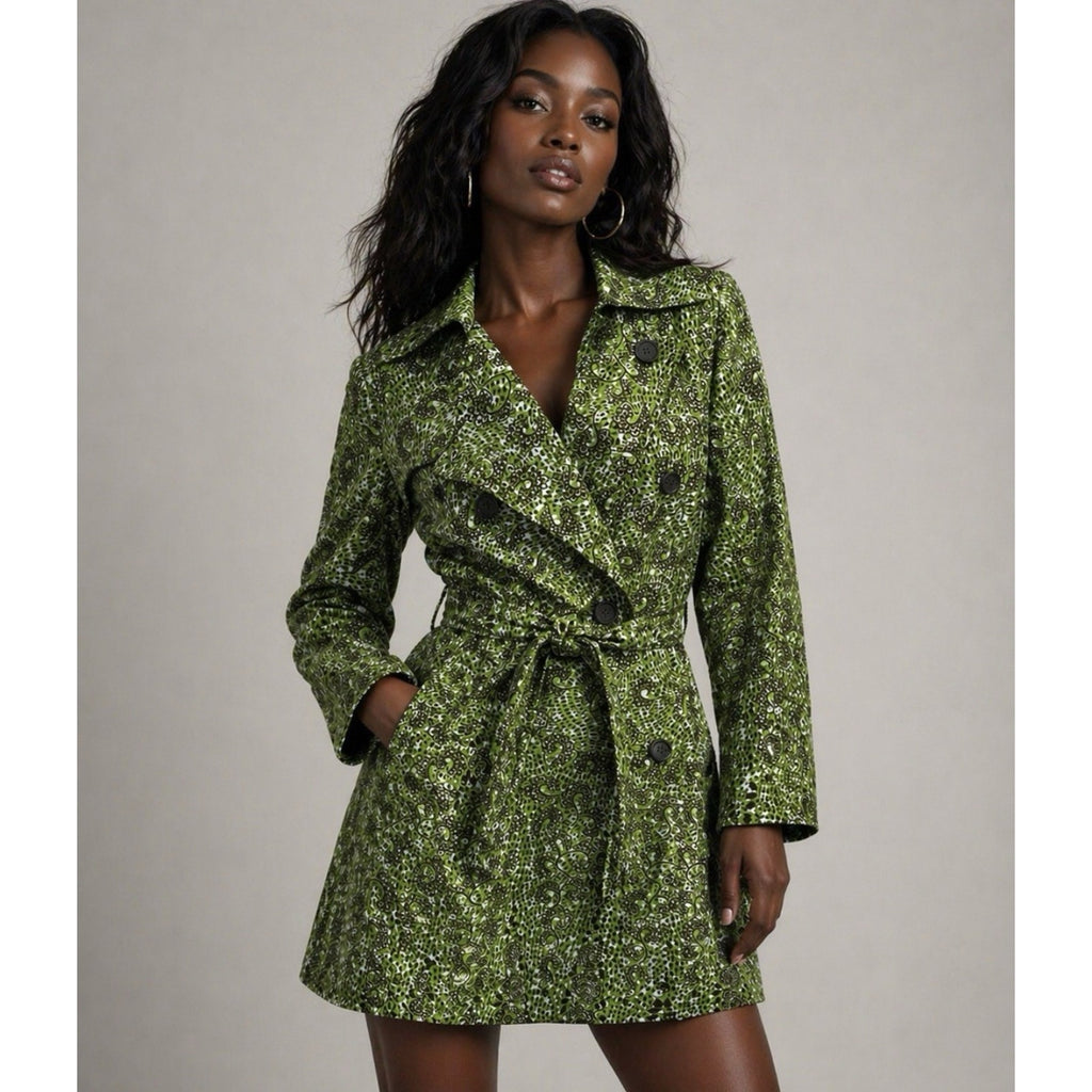 Ayindisa Ginatu Exclusive Women’s Trench Coat Jacket Size 12 Green African Print