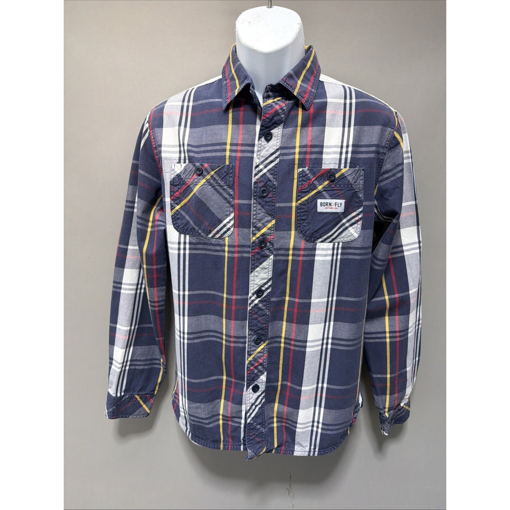 Born Fly Blue Plaid Long Sleeve Button Up Shirt Embroidered Men Size M