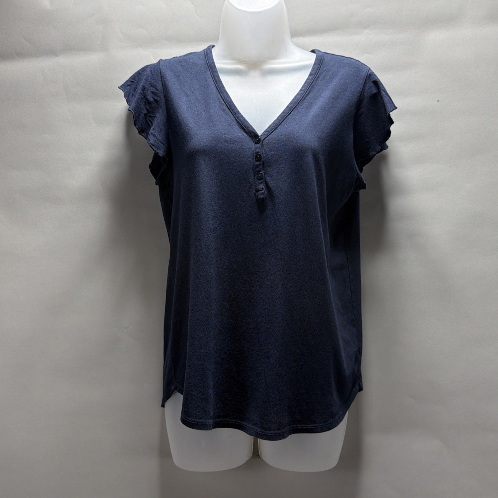 LOFT Navy Blue Flutter Sleeve V Neck 1/4 Button Blouse Size Medium