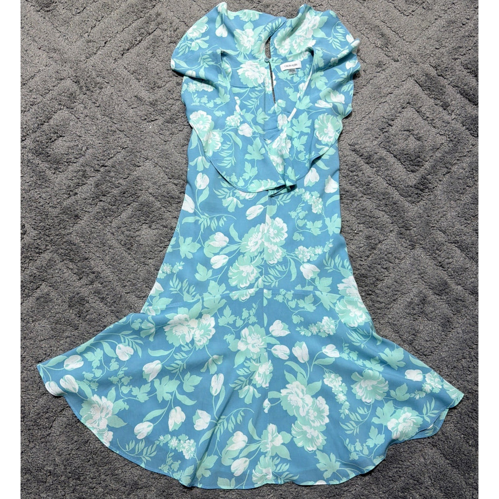 Calvin Klein Floral Challis Ruffle Hem Dress Women's Size 8 Mykonos Blue