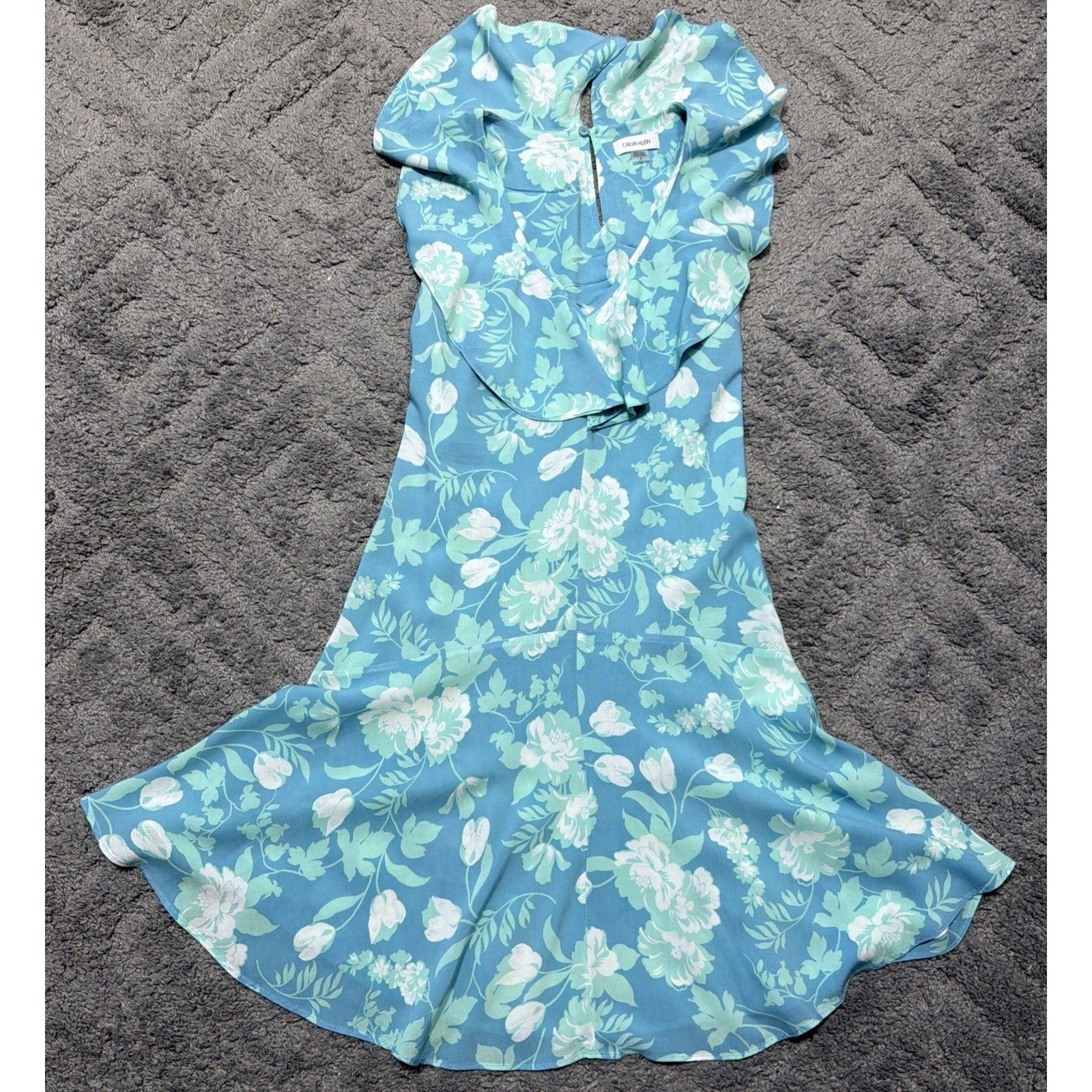 Calvin Klein Floral Challis Ruffle Hem Dress Women's Size 8 Mykonos Blue