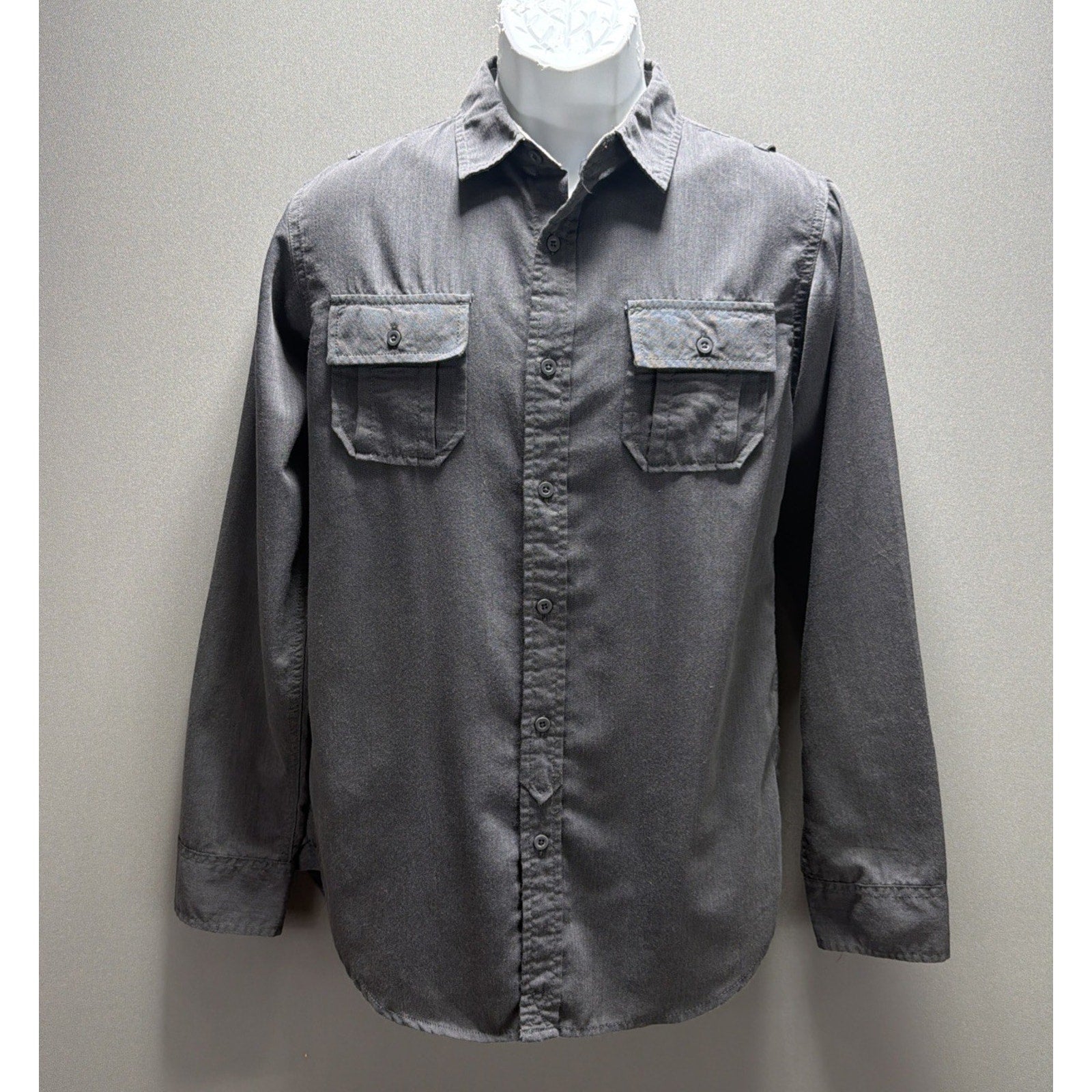 Burnside Men's Gray Long Sleeve Yarn Dyed Button Down Cargo Shirt Size Small