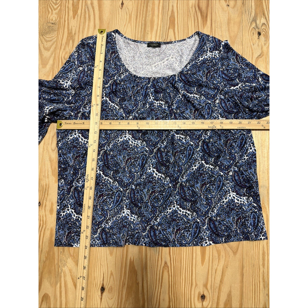 Womens Top-TALBOTS-blue/white/purple paisley rayon knit pleated neck 3/4 PXL