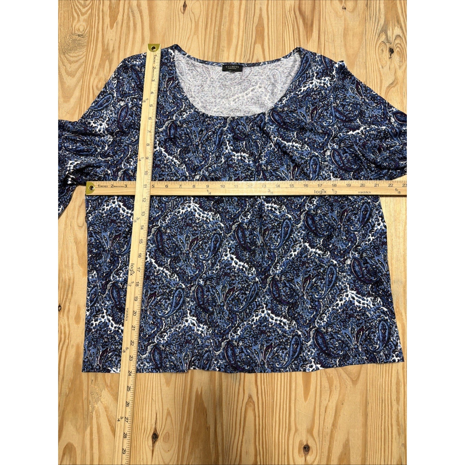 Womens Top-TALBOTS-blue/white/purple paisley rayon knit pleated neck 3/4 PXL