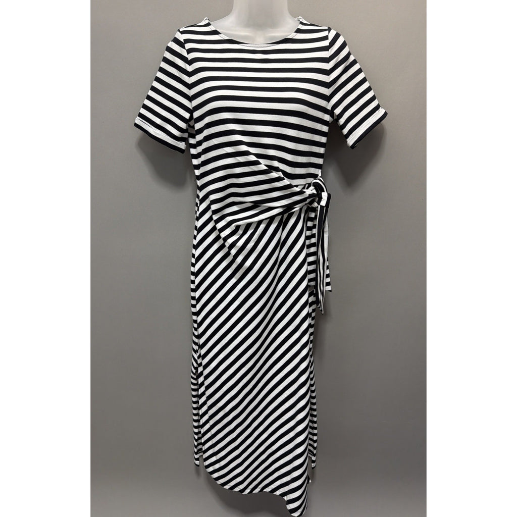 On 34th WM Black White Stripe Short Sleeve Tie Waist Midi Dress Small New