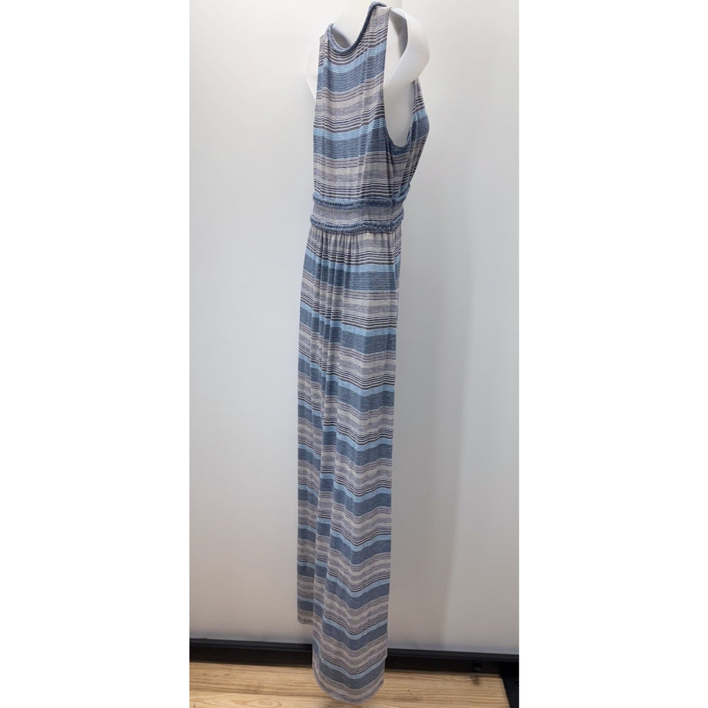 Max Studio Dress Blue Gray Striped S Stretch Maxi V-Neck