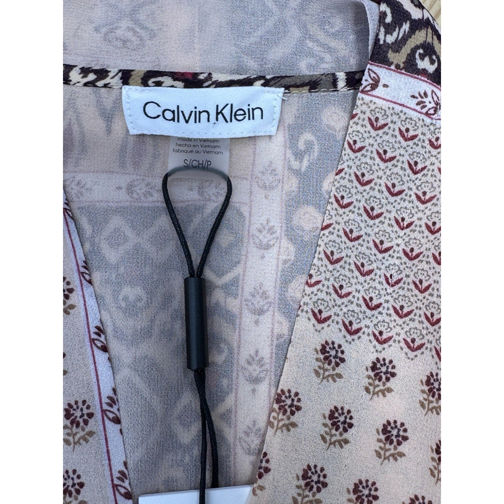 CALVIN KLEIN Patchwork Print Blouse Short Flutter Sleeve Women’s Small NWT