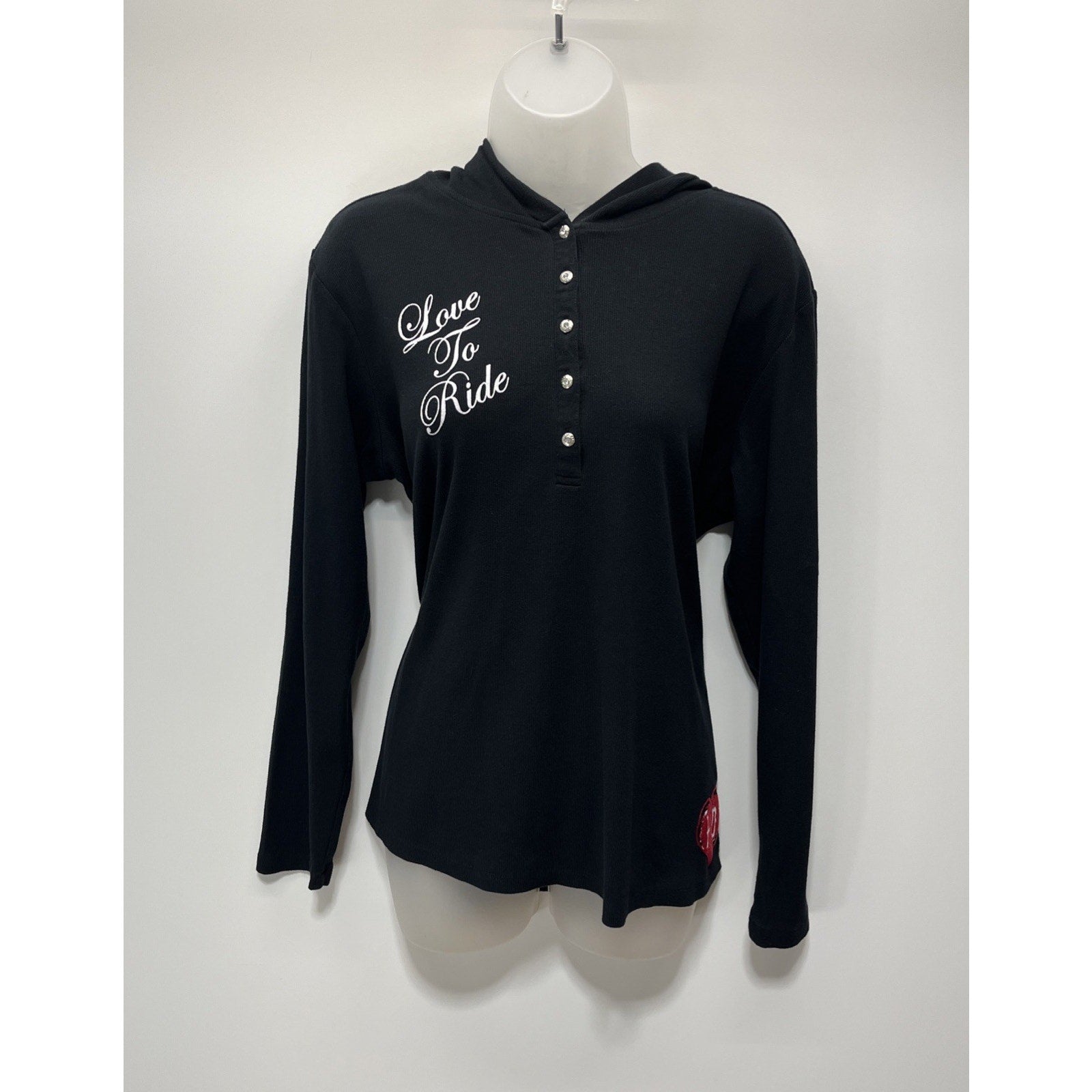Black Love to Ride Harley Davidson bling velvet heart long sleeve Hoodie Sz 1W