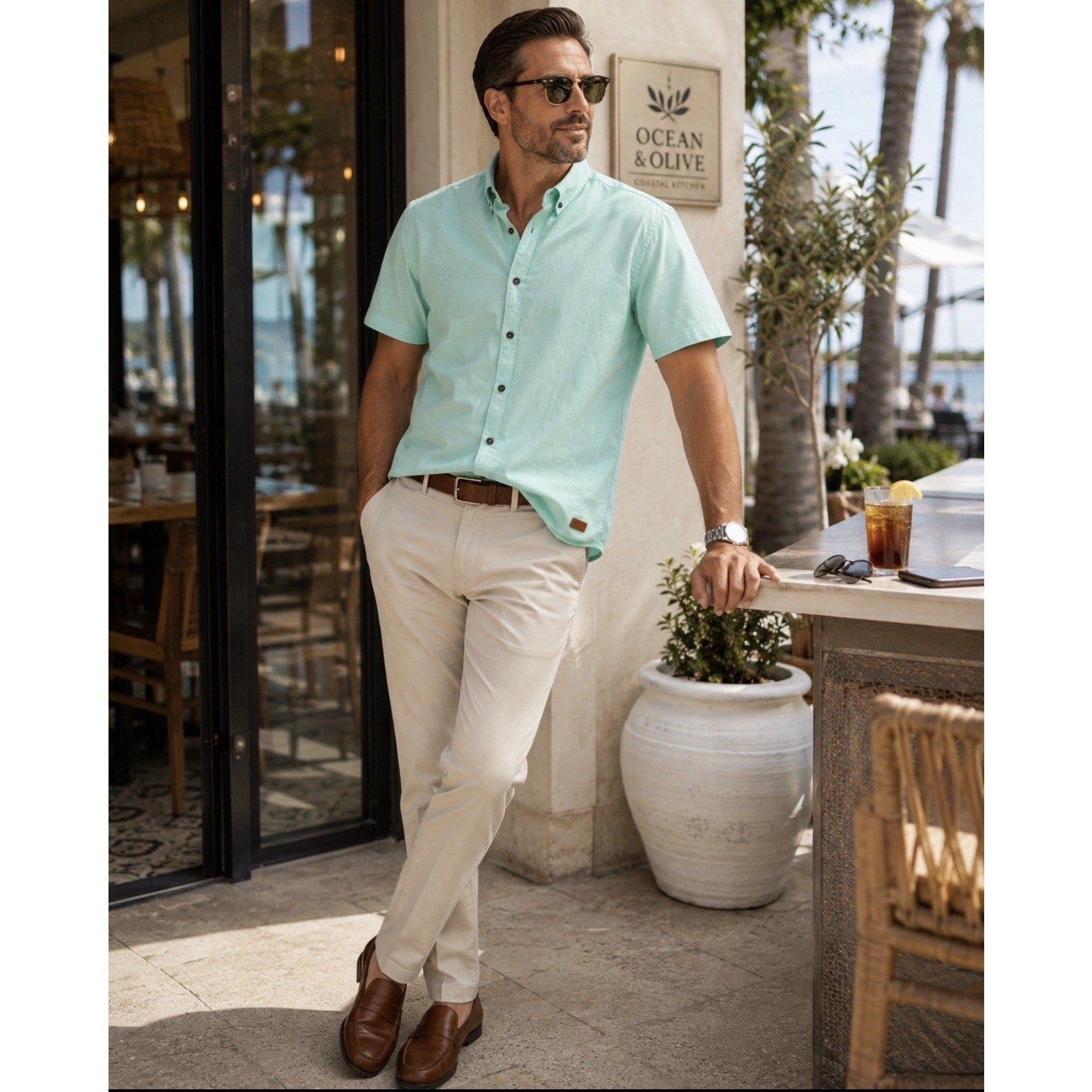 Outpost Makers Mens L Mint Green Short Sleeve Button Down Shirt Buckle Casual