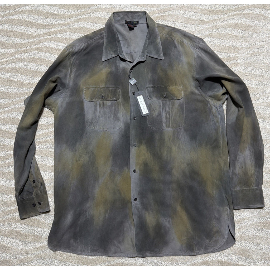 Tulliano 100% Silk Button Front Shirt Mens XXL Gray Black Burnout Abstract