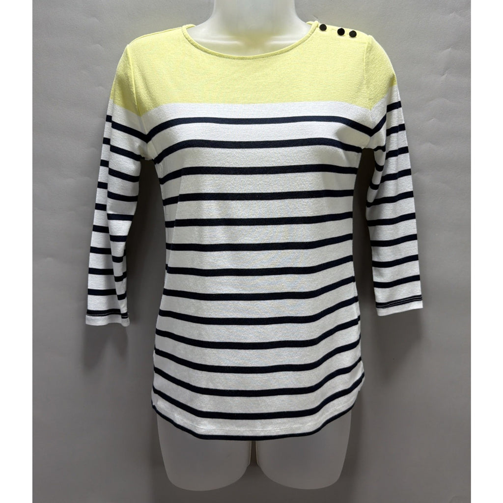 Striped 3/4 Sleeve LOFT Top With Button Shoulder Detail Career Boho S Petite
