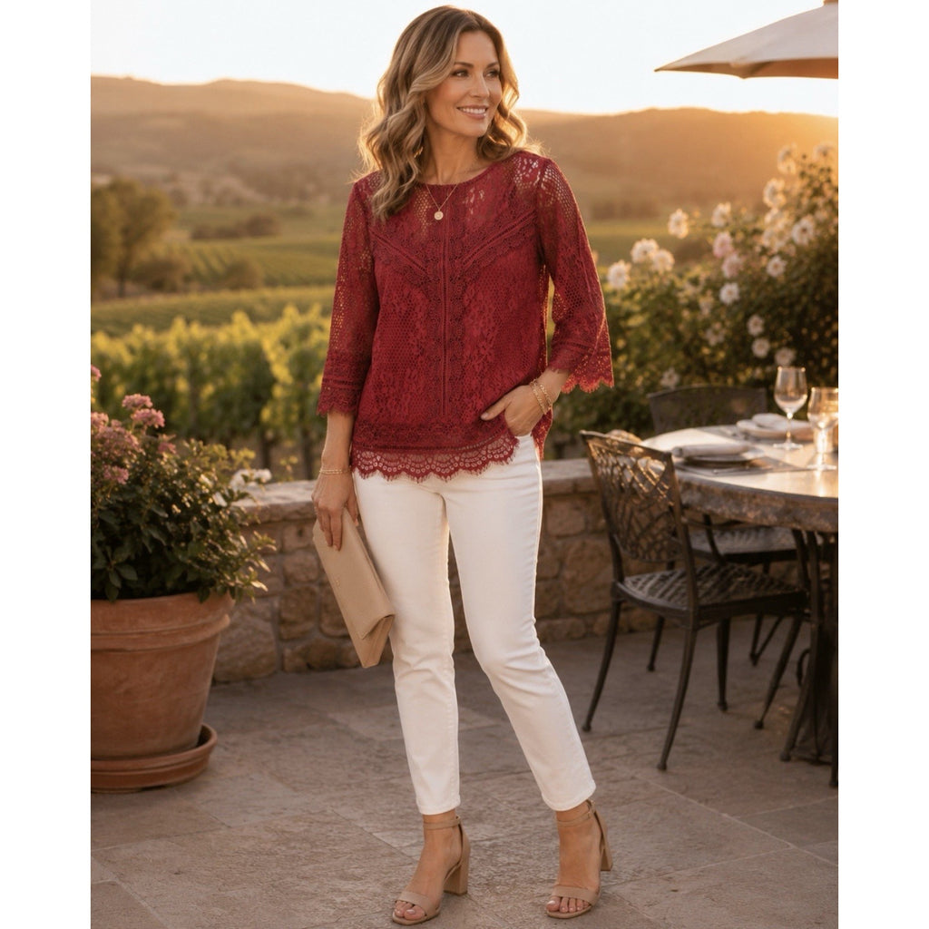 Laundry by Shelli Segal Lace Blouse Small Red 3/4 Bell Sleeve Eyelash Hem Top
