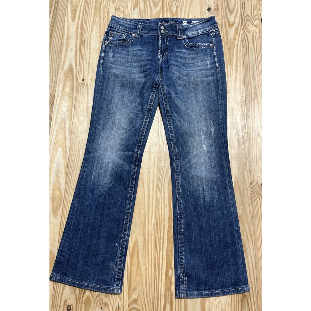 Miss Me Jeans size 29 Womens Boot Cut Mid Rise thick Stitch Flap Denim