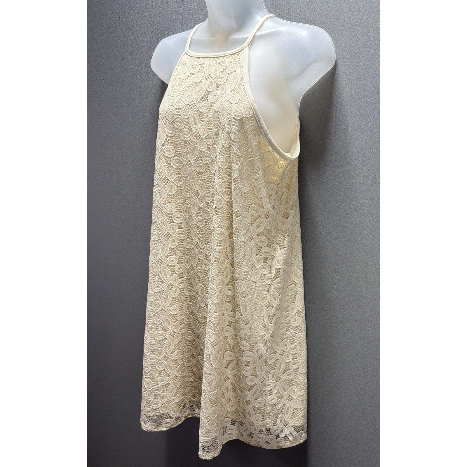 Love Fire Ivory Lace Halter Shift Dress Womens L Sleeveless Lined Boho Mini